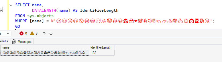 Table with length of name shown as 132 characters