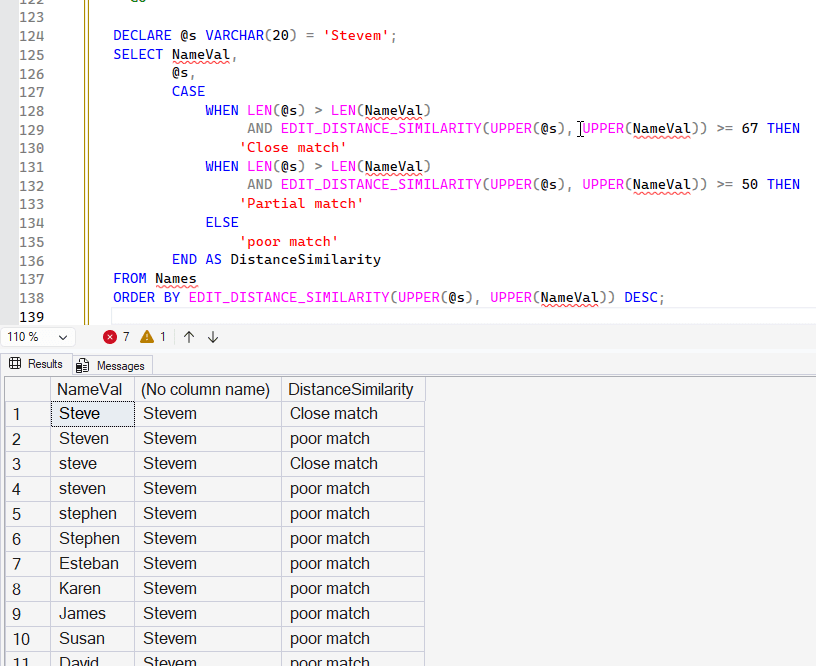 Testing matches based on similarity and string length