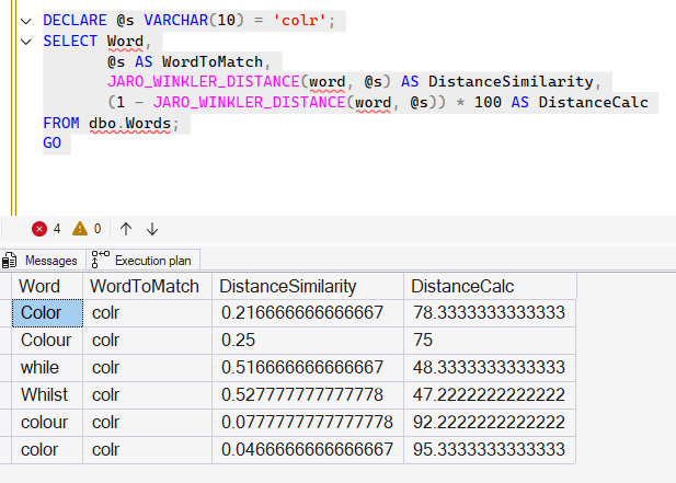 Results of word matches, with calculation added for percentage match