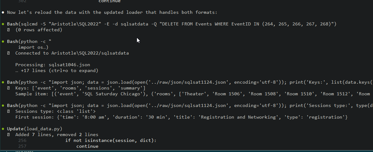 Claude experimenting, deleting data, re-running the load.