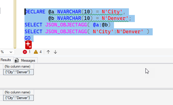 Calling JSON_AGG with nvarchar parameters.