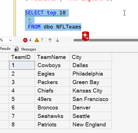 Sample data from my table of NFL teams