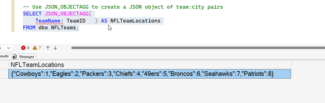 JSON result of team and id in the document.