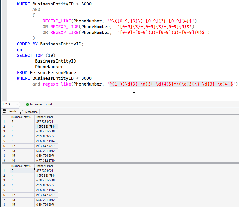 Two regexp function approaches, both working