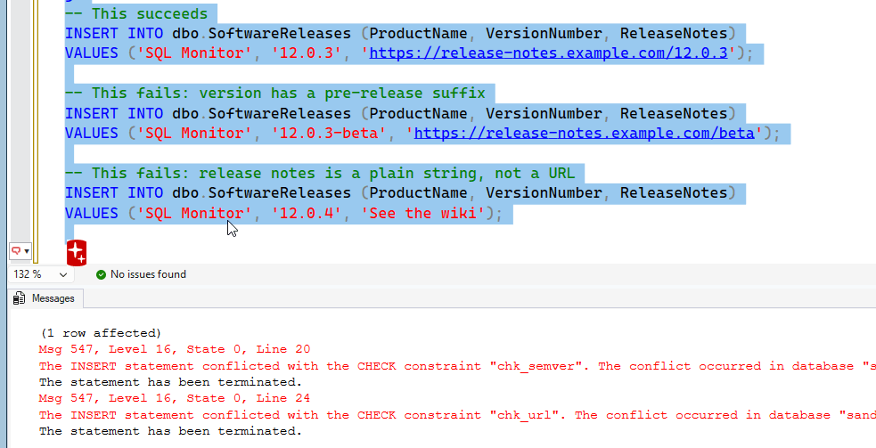 Insert errors from check constraint with regexp_like()