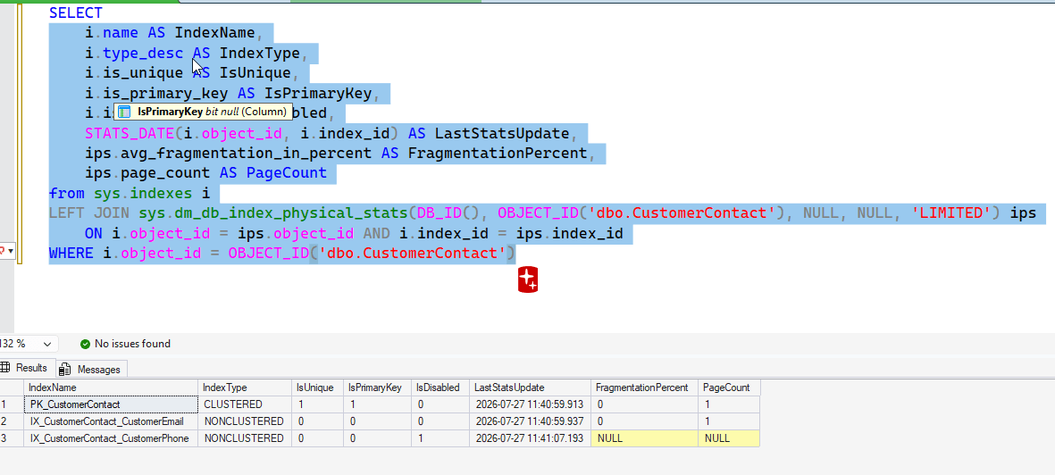 Index status for CustomerContact